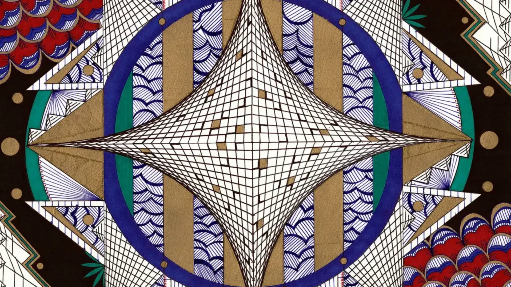 An intricate geometric pattern with curved lines and a diamond shape in the center.