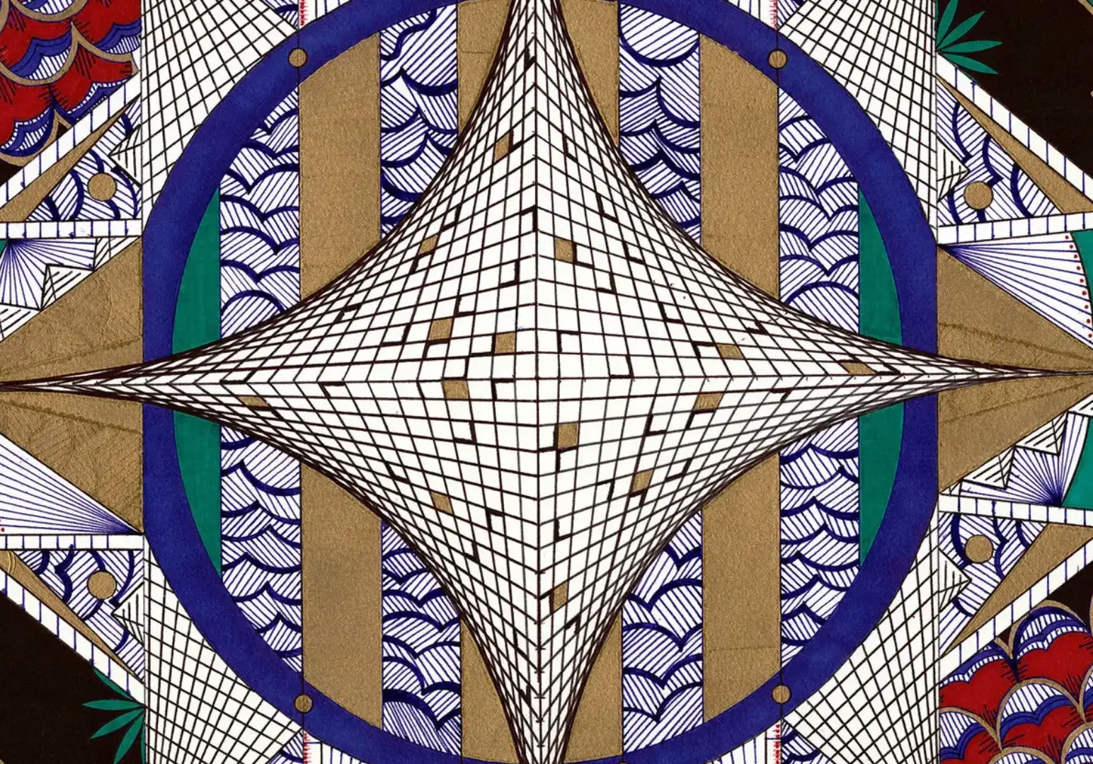 An intricate geometric pattern with curved lines and a diamond shape in the center.